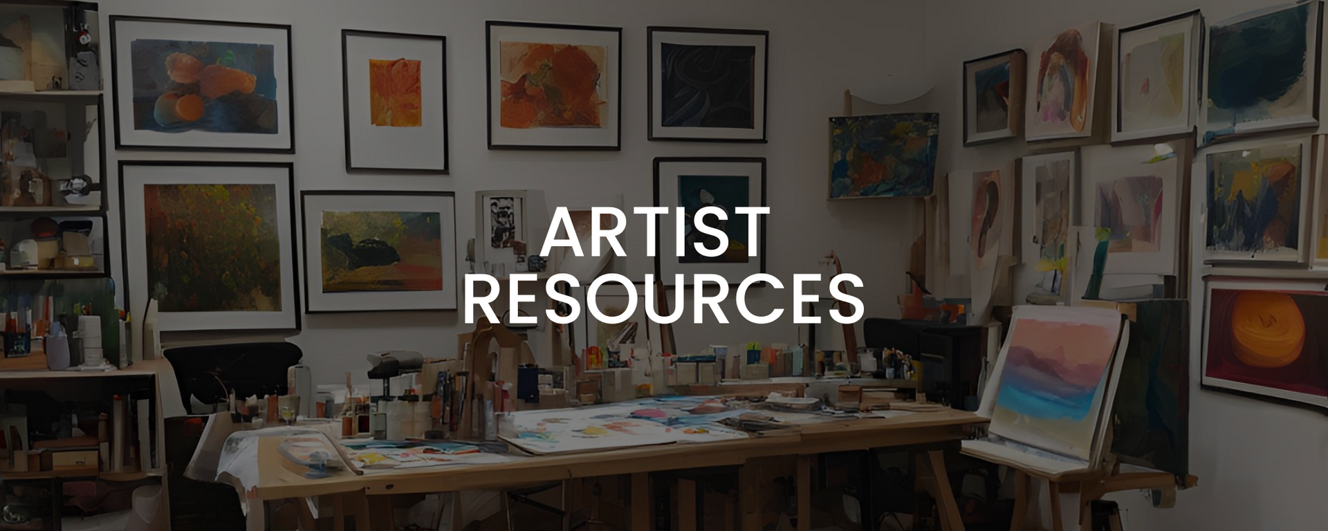 This banner on the Calgary Artists Studio Tour website features a studio in the background and has Artist Resources text in the center.
