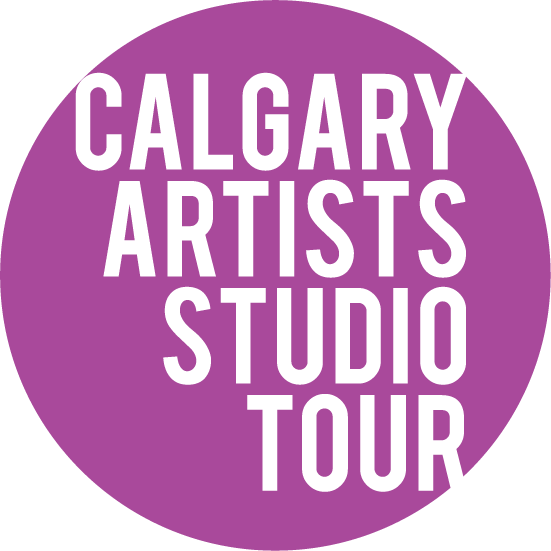 Circular purple and white Calgary Artist Studio Tour logo.