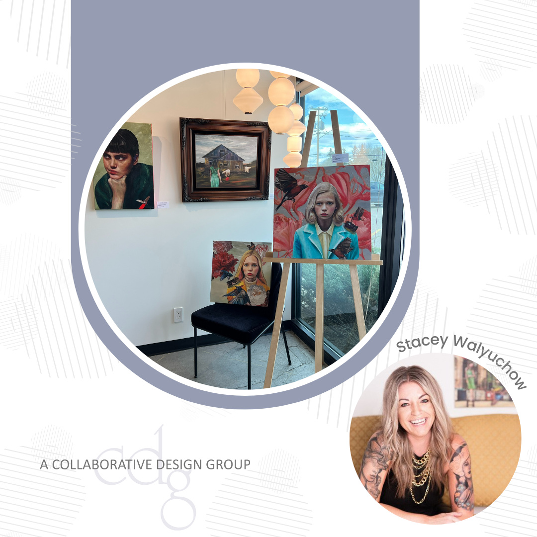 Square graphic featuring the artwork of Stacey Walyuchow at Collaborative Design Group. It includes a headshot of Stacey Walyuchow as well.