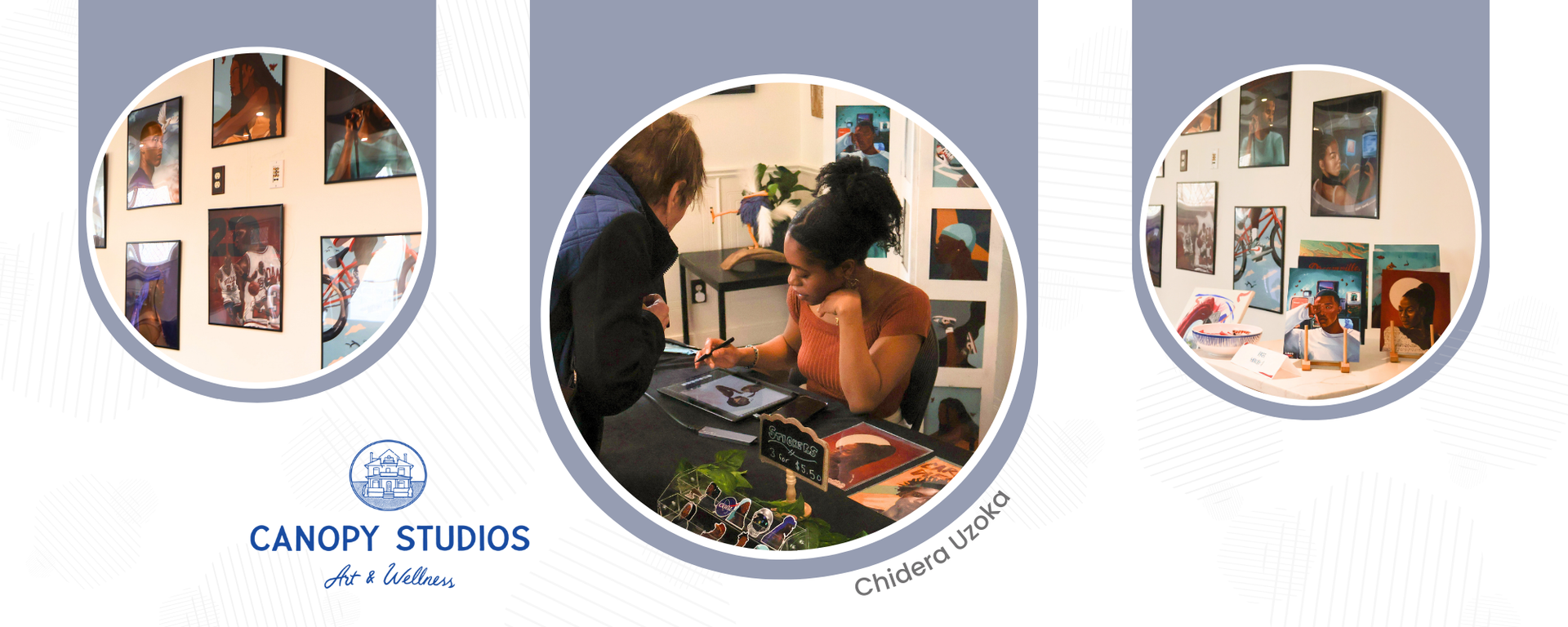 Banner image featuring the artwork of Chidera Uzoka at Canopy Studios. It includes a headshot of Chidera Uzoka as well.