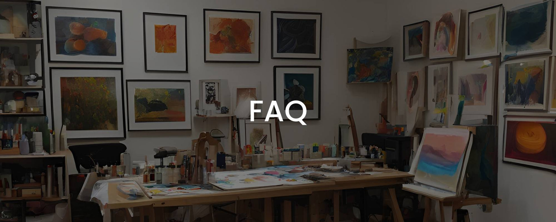 This banner on the Calgary Artists Studio Tour website features a studio in the background and has FAQ as the text on it.