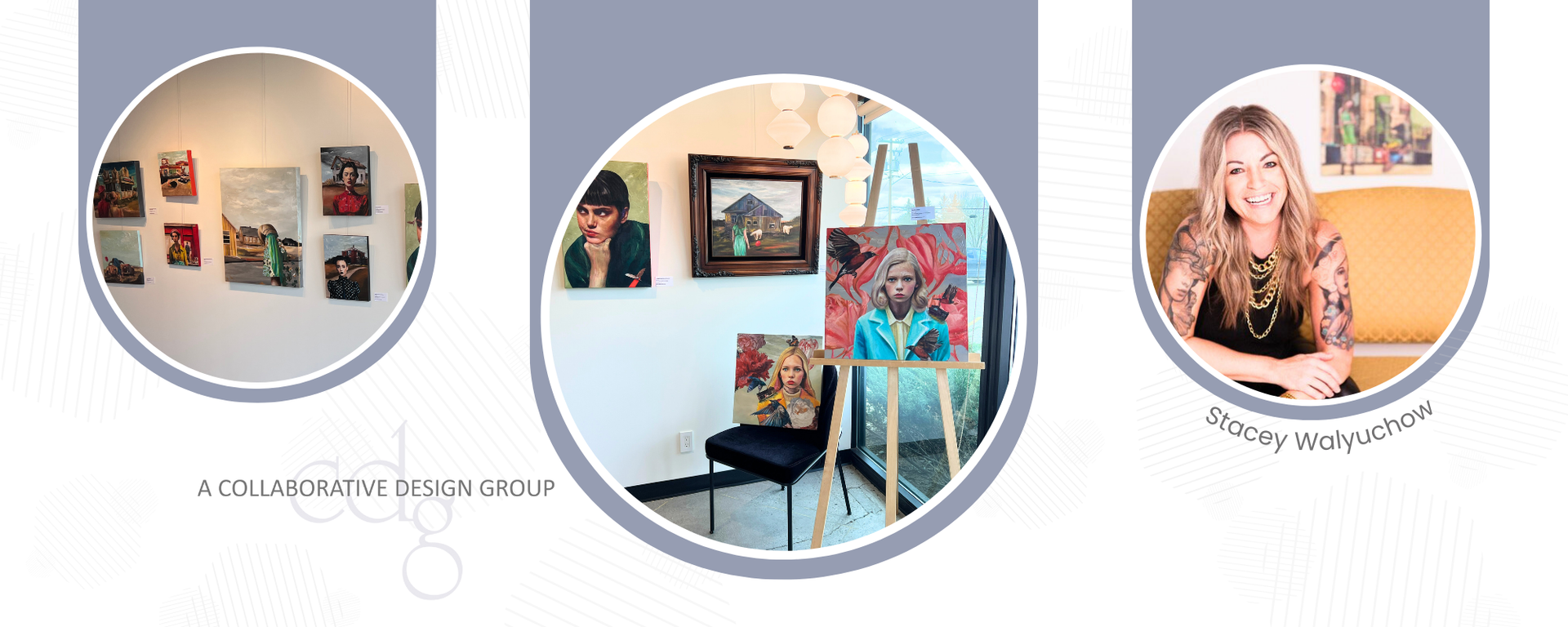 Banner image featuring the artwork of Stacey Walyuchow at Collaborative Design Group. It includes a headshot of Stacey Walyuchow as well.