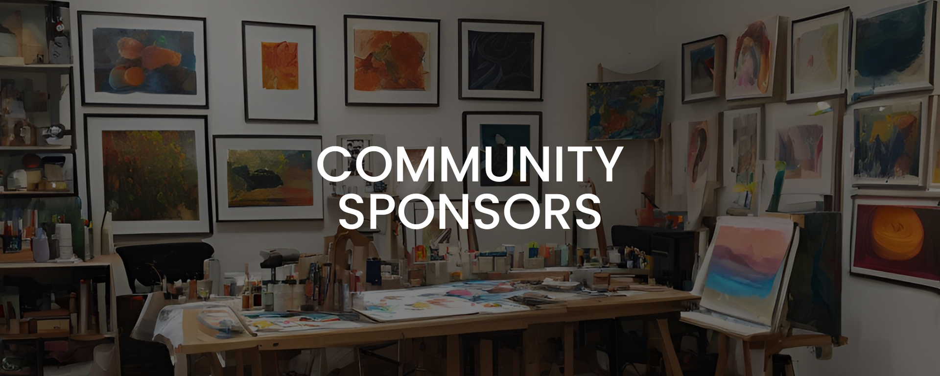This banner on the Calgary Artists Studio Tour website features a studio in the background and has Community Sponsors written in text in the center.