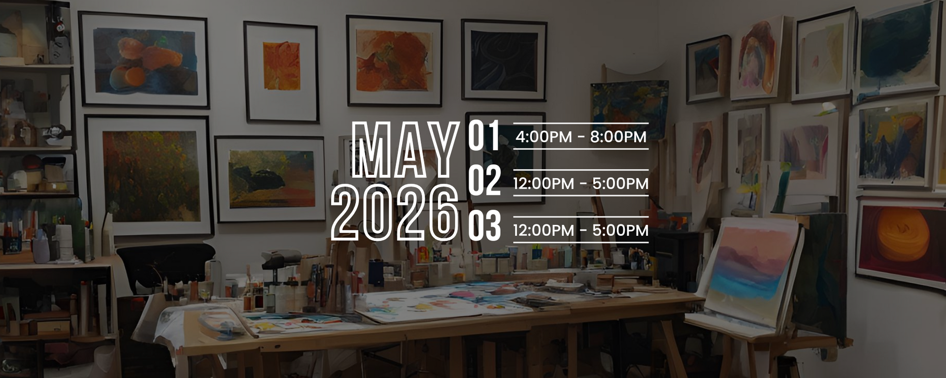 Art studio with paintings on walls and a table with art supplies, showing event times for the Calgary Artist Studio Tour May 2026.