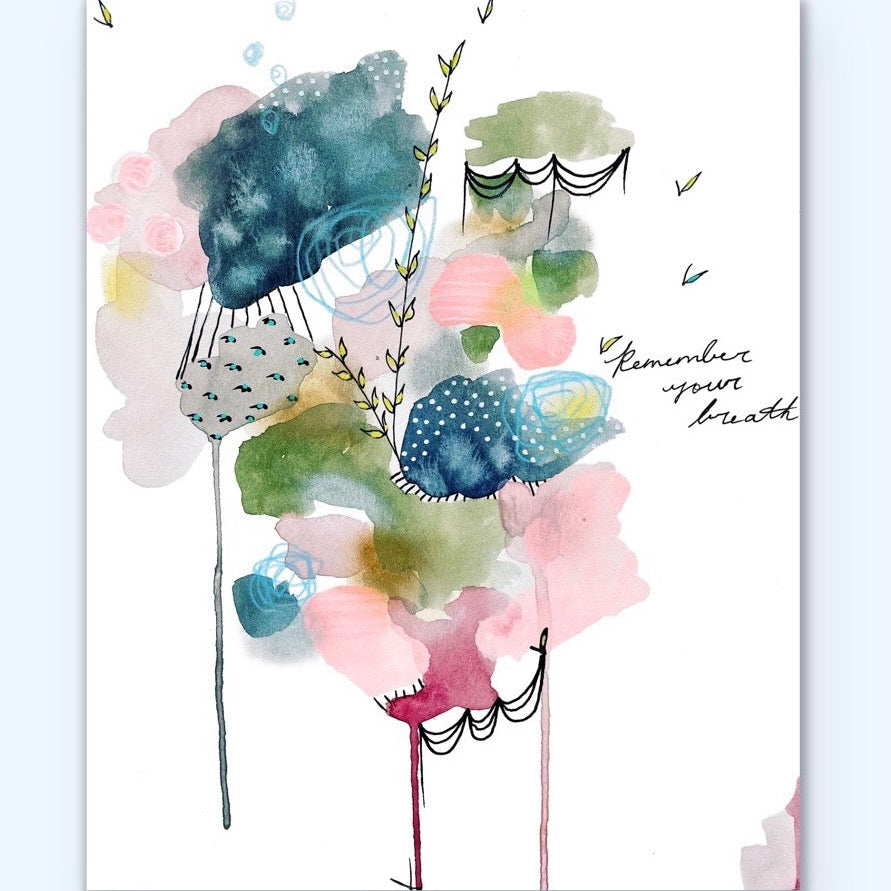Colorful abstract art piece with floral elements on a light blue background