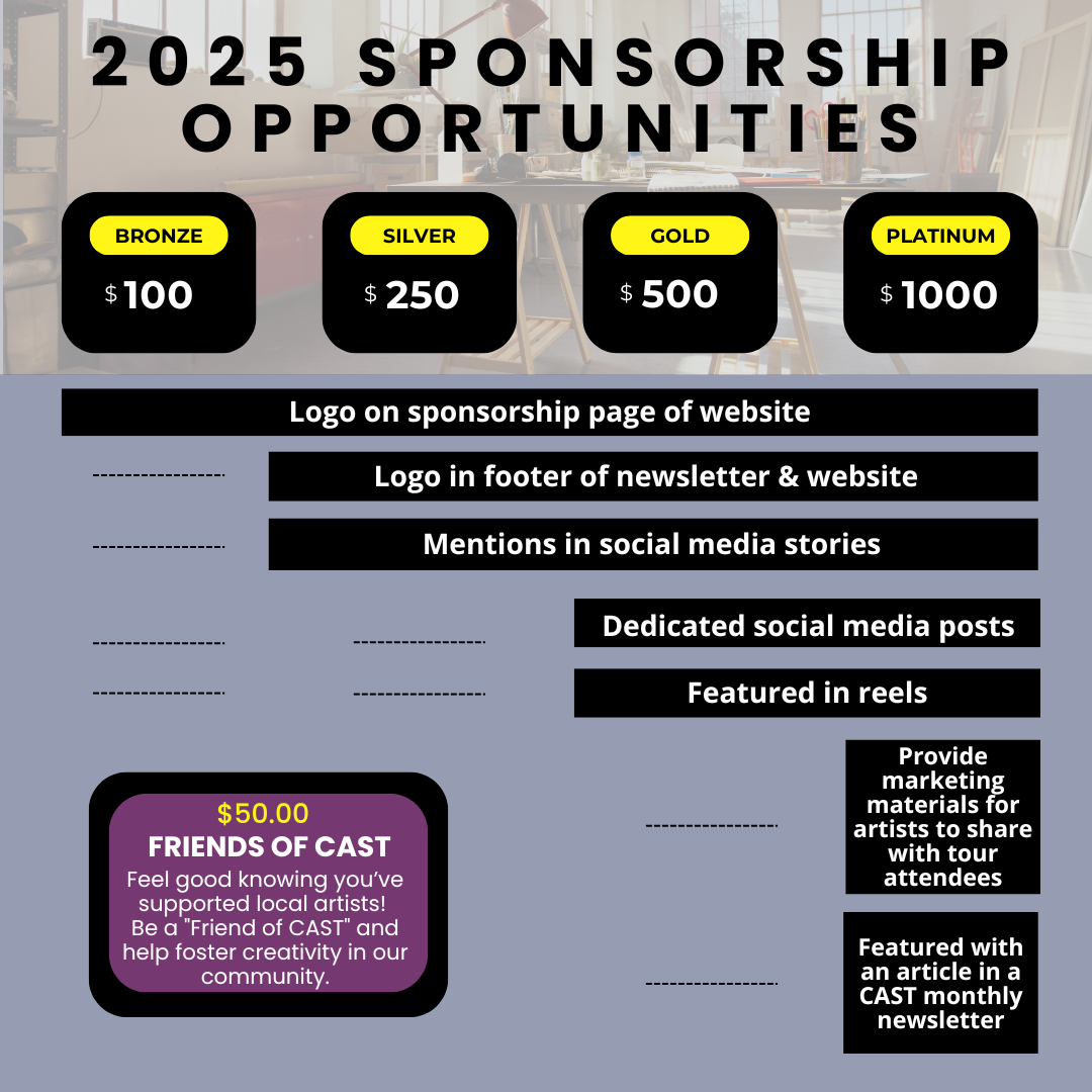 This graphic lists the different levels of sponsorship available for the Calgary Artists Studio Tour in 2025